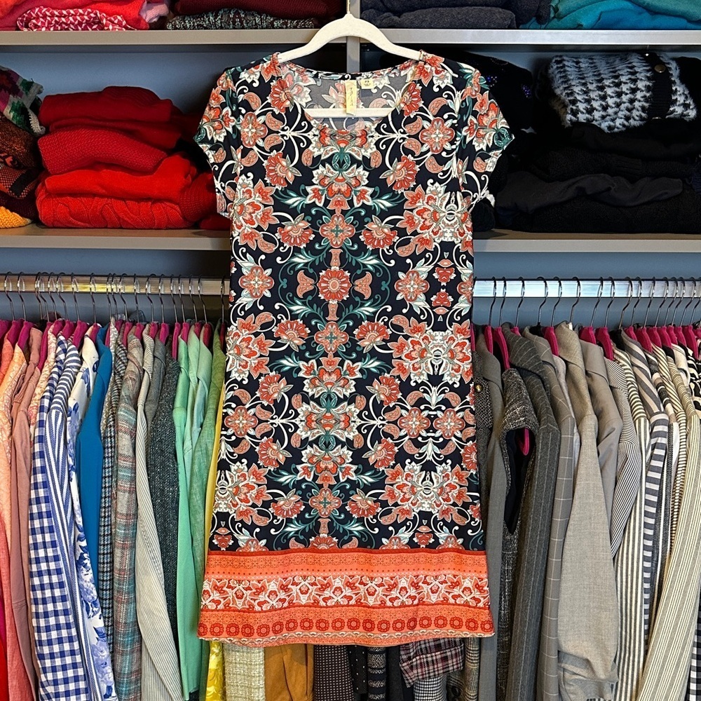 Tacera coral/navy/white floral cap sleeve scoop neck dress size SP
